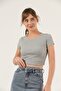 Women's Gray Corded Crew Neck Crop Blouse - 6