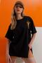Women's Black Crew Neck Giraffe Embroidered Double Sleeve Laser Cut Oversize T-Shirt ALC-X8475 - 2