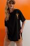 Women's Black Crew Neck Giraffe Embroidered Double Sleeve Laser Cut Oversize T-Shirt ALC-X8475 - 4
