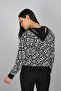 Black Patterned V-Neck Blouse with Ribbed Back Detail - 5