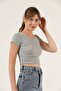 Women's Gray Corded Crew Neck Crop Blouse - 3