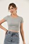Women's Gray Corded Crew Neck Crop Blouse - 7