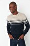 Navy Blue Slim Fit Woolen Bicycle Collar Panel Jacquard Knitwear Sweater Tmnaw21Kz0738 - 4
