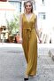 Yellow Viscose Fabric Pleat Detail Collared Belted Jumpsuit Dress