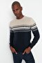 Navy Blue Slim Fit Woolen Bicycle Collar Panel Jacquard Knitwear Sweater Tmnaw21Kz0738 - 2