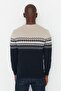 Navy Blue Slim Fit Woolen Bicycle Collar Panel Jacquard Knitwear Sweater Tmnaw21Kz0738 - 5