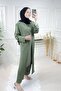 Women's Large Size Stone Detailed Triple Suit with Pockets - Khaki - 2