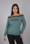 Dark Green Stripe Detailed Printed Boat Neck Sweatshirt - 3