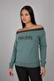 Dark Green Stripe Detailed Printed Boat Neck Sweatshirt - 4