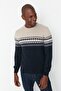 Navy Blue Slim Fit Woolen Bicycle Collar Panel Jacquard Knitwear Sweater Tmnaw21Kz0738