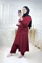 Women's Large Size Stone Detailed Triple Suit with Pockets - Claret Red - 2