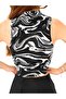 Women's Half Turtleneck Sleeveless Black Marbling Patterned Crop Body - 4