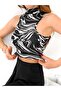 Women's Half Turtleneck Sleeveless Black Marbling Patterned Crop Body - 2