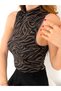 Women's Half Turtleneck Sleeveless Dark Zebra Patterned Crop Body - 5