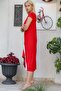 Women's Red U-Neck White Stripe Detailed Front Asymmetrical Short Sleeve Long Dress M10160000el93158 - 7
