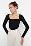 Black Piping Detailed Square Neck Fitted Crop Interlock Knitted Blouse TWOAW23BZ00151 - 2