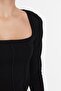 Black Piping Detailed Square Neck Fitted Crop Interlock Knitted Blouse TWOAW23BZ00151 - 3