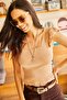 Women's Dark Camel Sleeve Ruffled Summer Knitwear Blouse BLZ-19001035
