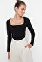 Black Piping Detailed Square Neck Fitted Crop Interlock Knitted Blouse TWOAW23BZ00151 - 4