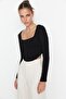 Black Piping Detailed Square Neck Fitted Crop Interlock Knitted Blouse TWOAW23BZ00151
