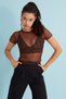 Women's Brown Leopard Patterned Crew Neck Short Sleeve Baby Overlock Detailed Tulle Transparent Blouse - 3