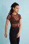 Women's Brown Leopard Patterned Crew Neck Short Sleeve Baby Overlock Detailed Tulle Transparent Blouse - 4