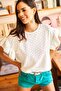 Women's Ecru Sleeve Ruffled Scallop Look Woven Blouse BLZ-19001936 - 2