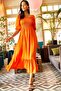 Women's Orange Glittered Square Collar Bodrum Dress ELB-19001557 - 3