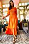 Women's Orange Glittered Square Collar Bodrum Dress ELB-19001557 - 5
