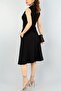 Stretchy Fabric Double Breasted Collar Belt Detailed Pleated Below the Knee Black Dress - 3