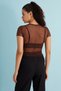Women's Brown Leopard Patterned Crew Neck Short Sleeve Baby Overlock Detailed Tulle Transparent Blouse - 5