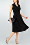 Stretchy Fabric Double Breasted Collar Belt Detailed Pleated Below the Knee Black Dress - 2