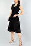 Stretchy Fabric Double Breasted Collar Belt Detailed Pleated Below the Knee Black Dress - 4
