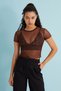 Women's Brown Leopard Patterned Crew Neck Short Sleeve Baby Overlock Detailed Tulle Transparent Blouse