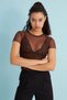 Women's Brown Leopard Patterned Crew Neck Short Sleeve Baby Overlock Detailed Tulle Transparent Blouse - 2