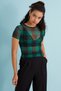 Women's Black Green Square Patterned Crew Neck Short Sleeve Baby Overlock Detailed Tulle Transparent Blouse - 2