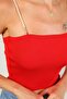 Women's Pearl Strap Ribbed Summer Knitwear Red Crop Blouse - 4
