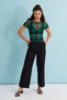 Women's Black Green Square Patterned Crew Neck Short Sleeve Baby Overlock Detailed Tulle Transparent Blouse - 3