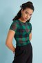 Women's Black Green Square Patterned Crew Neck Short Sleeve Baby Overlock Detailed Tulle Transparent Blouse - 4