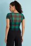 Women's Black Green Square Patterned Crew Neck Short Sleeve Baby Overlock Detailed Tulle Transparent Blouse - 5