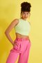 Women's Green Front Oval Back Plain Detailed Ribbed Crop - 2