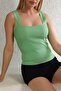 Women's Thick Strap Square Neck Summer Knitwear Green Crop Blouse - 4