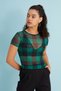 Women's Black Green Square Patterned Crew Neck Short Sleeve Baby Overlock Detailed Tulle Transparent Blouse