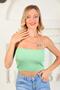 Women's Pearl Strap Ribbed Summer Knitwear Green Crop Blouse