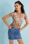 Women's Coffee Cream Patterned Crew Neck Short Sleeve Baby Overlock Detailed Tulle Transparent Blouse - 4