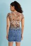 Women's Coffee Cream Patterned Crew Neck Short Sleeve Baby Overlock Detailed Tulle Transparent Blouse - 5