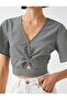Crop Blouse V Neck Window Detailed Patterned Crop Blouse V Neck Cut Out Detail Patterned - 5