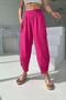 Women's Fuchsia Pink Linen Textured Lace Elastic Waist Trousers