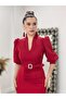 Scuba Fabric Stand Collar Dress Red - 3
