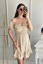 Aerobin Fabric Chest Elastic Lace Detailed Short Sleeve Flared Cream Dress 058 - 3